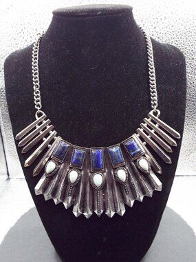 ART DECO PEWTER & FAUX LAPIS "CHRYSLER" BUILDING PLEATED BIB NECKLACE 56